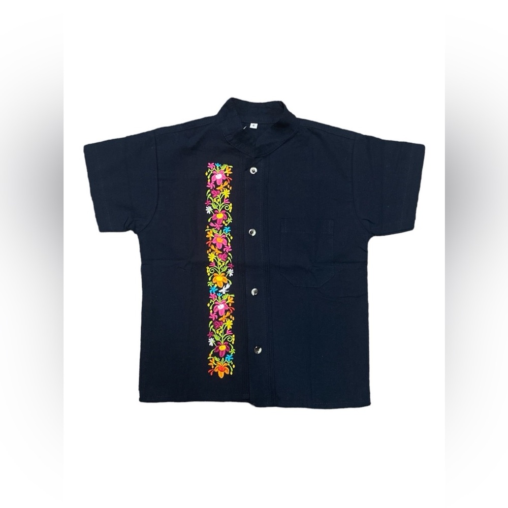 Cancún Mexican Boys Navy Linen Guayabera with Floral Embroidery